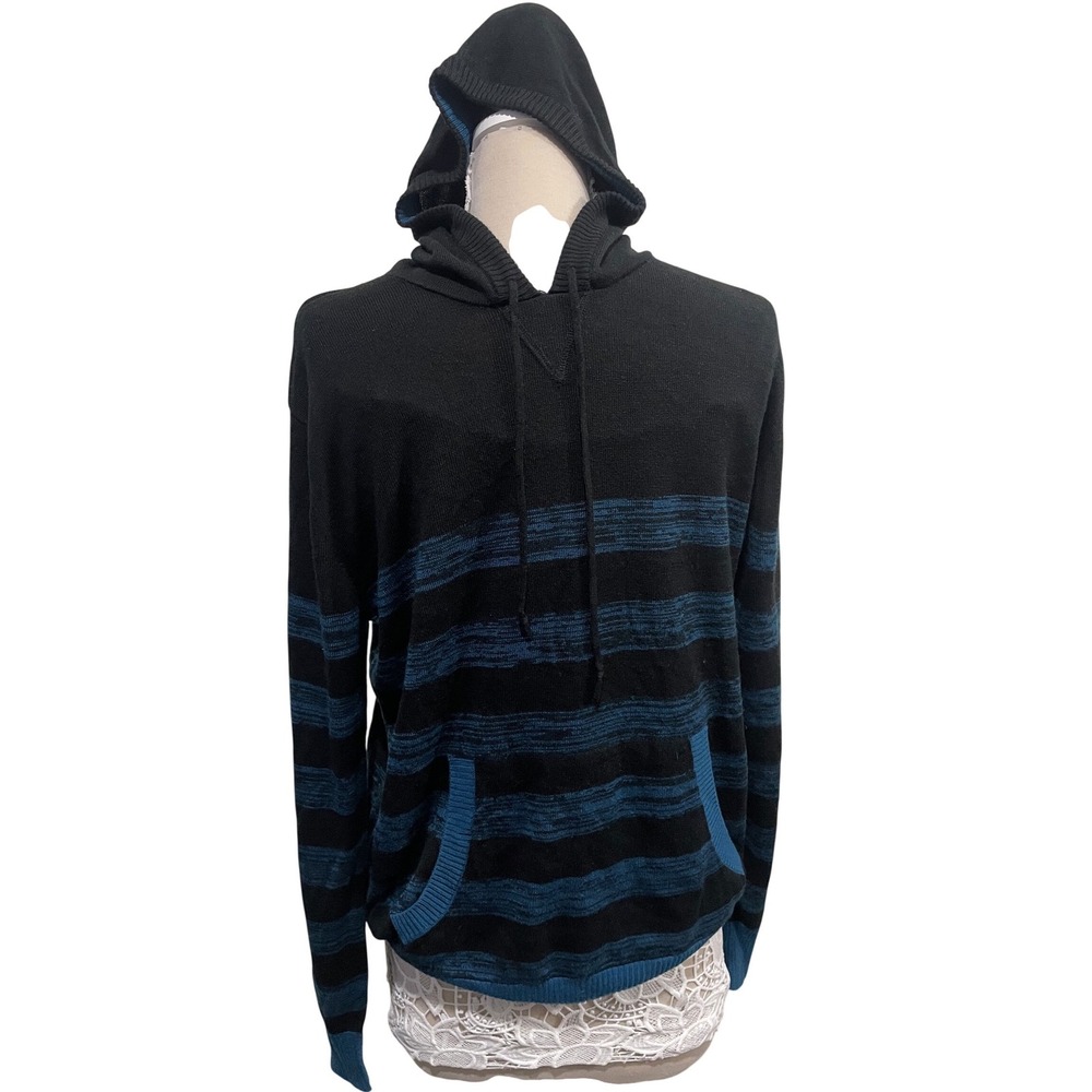 Always Push Forward Knit Hoodie‎ Black Teal Striped Sweater Large 771012241001